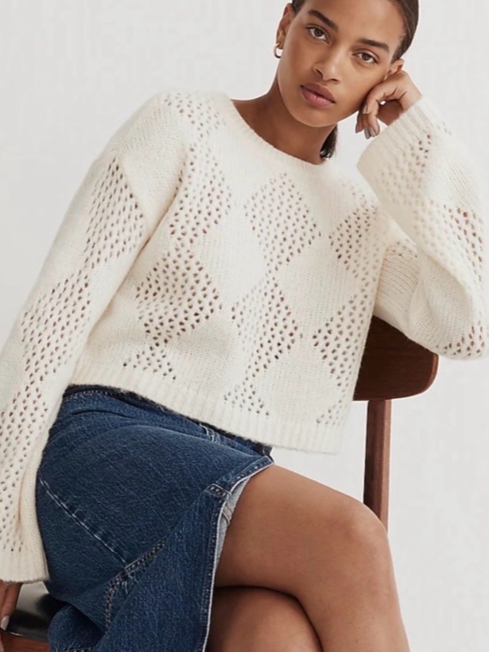 Madewell white diamond-stitch crewneck crop sweater size XS
